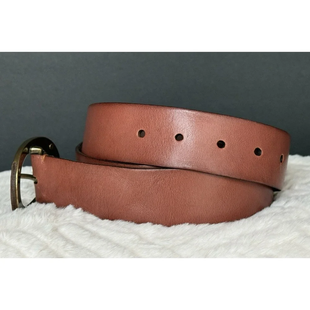 NEW‎ Fossil Brown Leather Belt Wide Sz L UNIQUE Brass Tone/Leather Oval Buckle